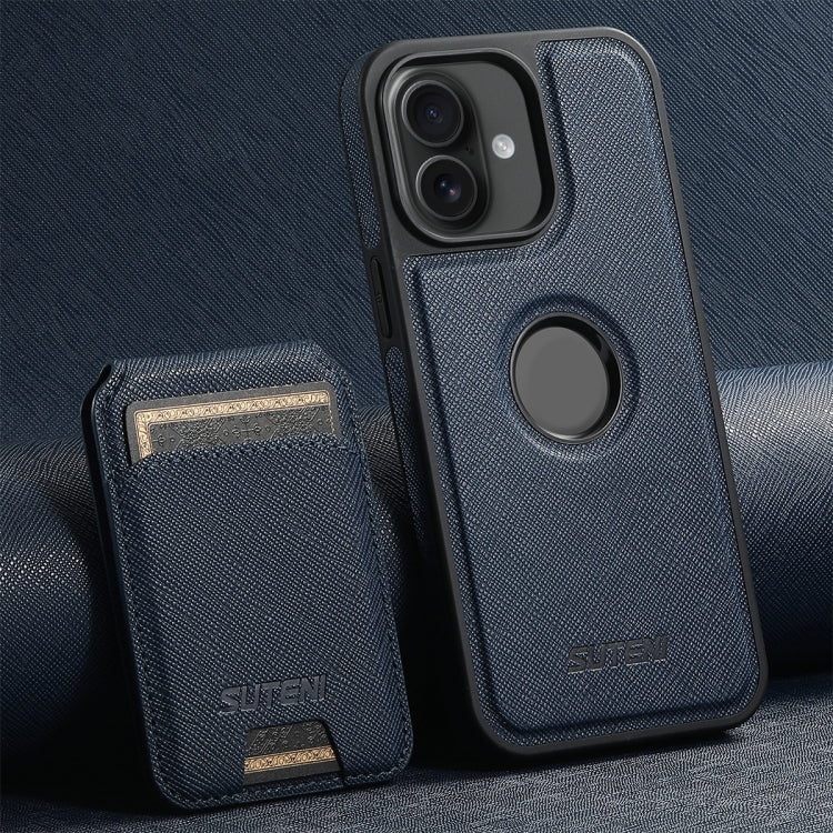 For iPhone 16 Plus Suteni M2 Cross-Grain MagSafe Vertical Card Back Phone Case(Blue) by Suteni