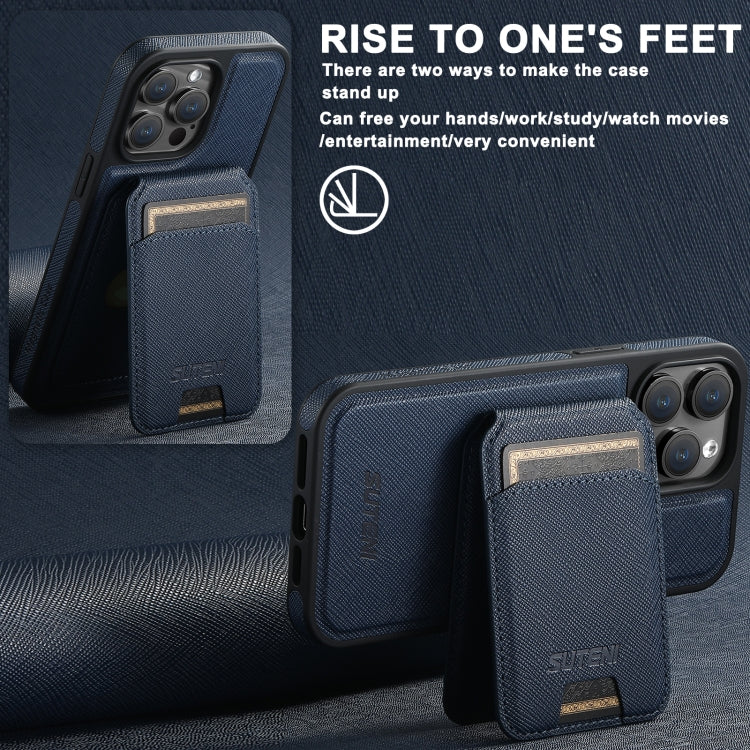 For iPhone 16 Pro Max Suteni M2 Cross-Grain MagSafe Vertical Card Back Phone Case(Blue) by Suteni