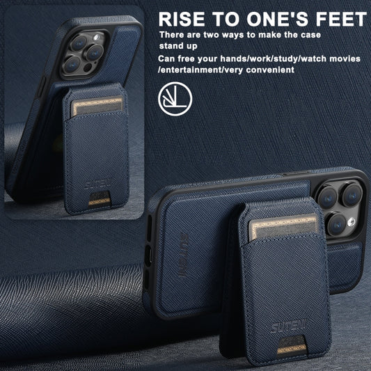 For iPhone 16 Pro Max Suteni M2 Cross-Grain MagSafe Vertical Card Back Phone Case(Blue) by Suteni