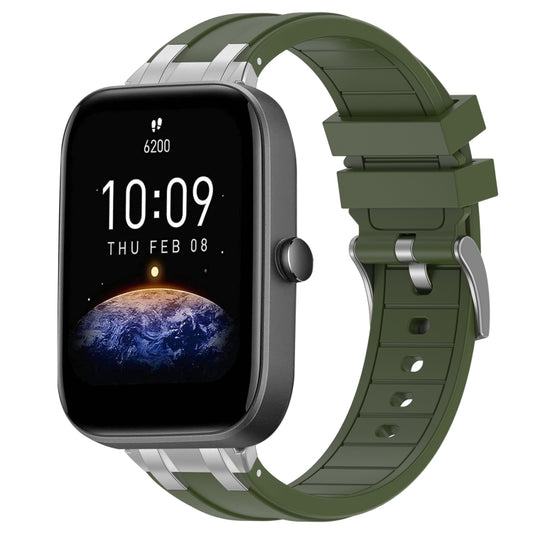 For Amazfit Bip3 Pro 20mm Quick Release Silver Buckle Royal Silicone Watch Band(Olive Green) by bashfashion