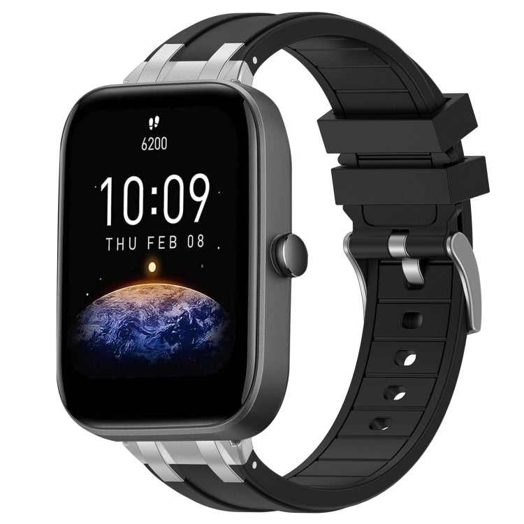 For Amazfit Bip3 Pro 20mm Quick Release Silver Buckle Royal Silicone Watch Band(Black) by bashfashion
