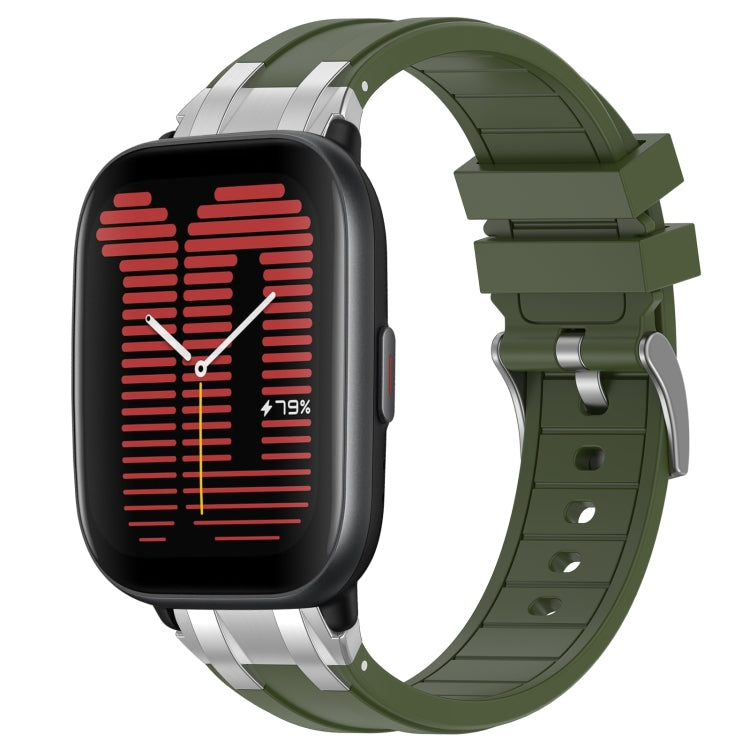 For Amazfit Active 20mm Quick Release Silver Buckle Royal Silicone Watch Band(Olive Green) by bashfashion