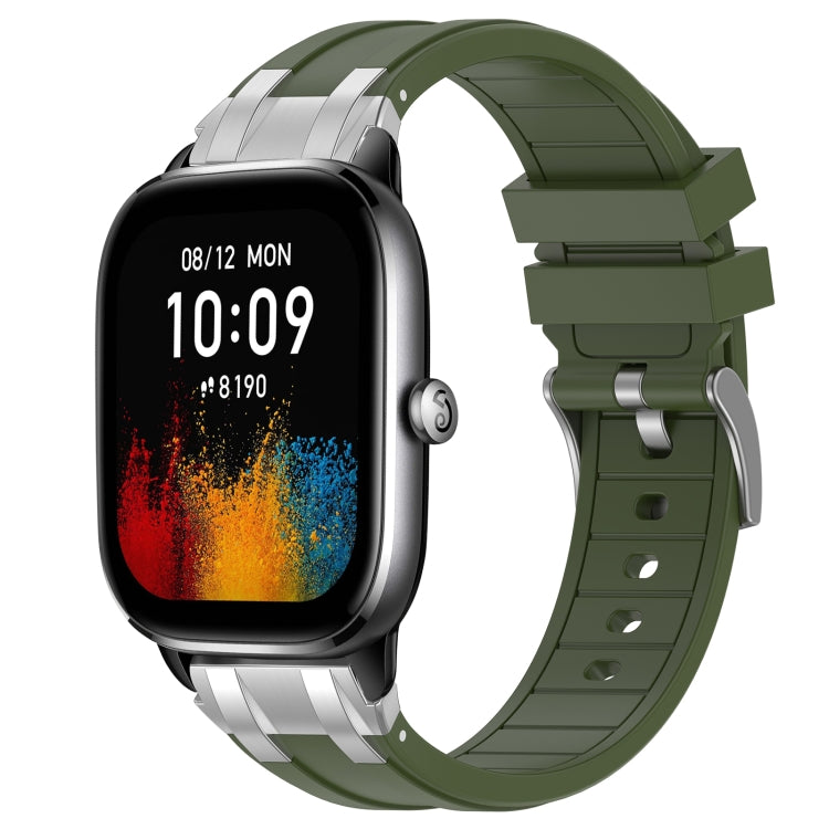 For Amazfit GTS4 Mini 20mm Quick Release Silver Buckle Royal Silicone Watch Band(Olive Green) by bashfashion