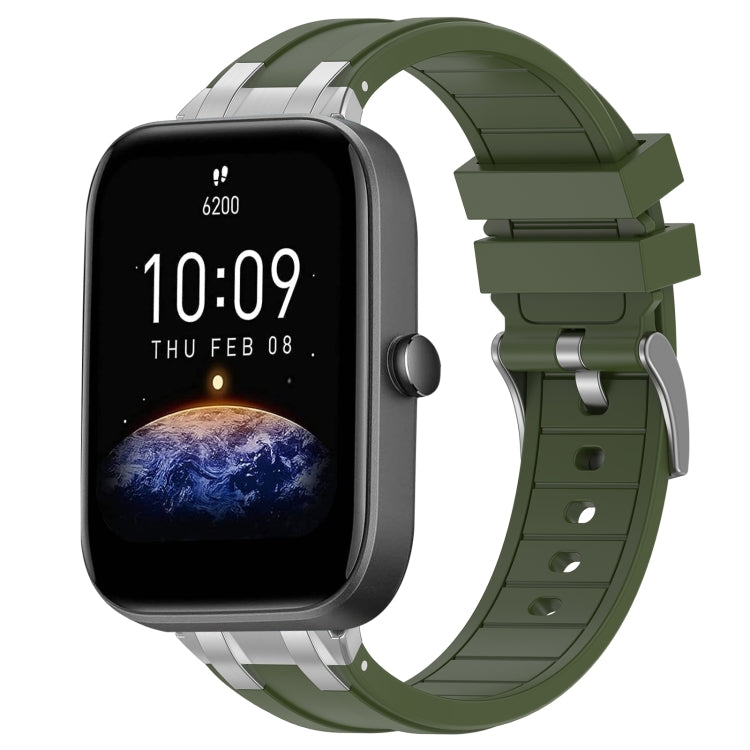 For Amazfit Bip3 20mm Quick Release Silver Buckle Royal Silicone Watch Band(Olive Green) by bashfashion