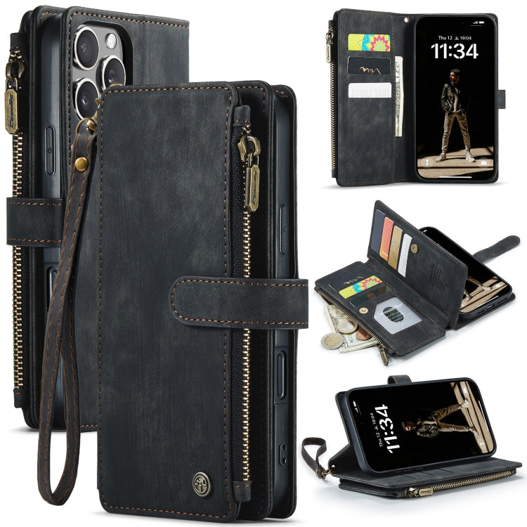 For iPhone 16 Pro Max CaseMe C30 Card Slots Zipper Wallet Leather Phone Case(Black) by CaseMe