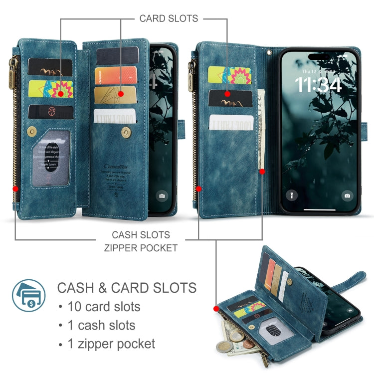 For iPhone 16 Plus CaseMe C30 Card Slots Zipper Wallet Leather Phone Case(Blue) by CaseMe