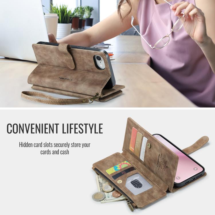 For iPhone 16e CaseMe C30 Card Slots Zipper Wallet Leather Phone Case(Brown) by CaseMe