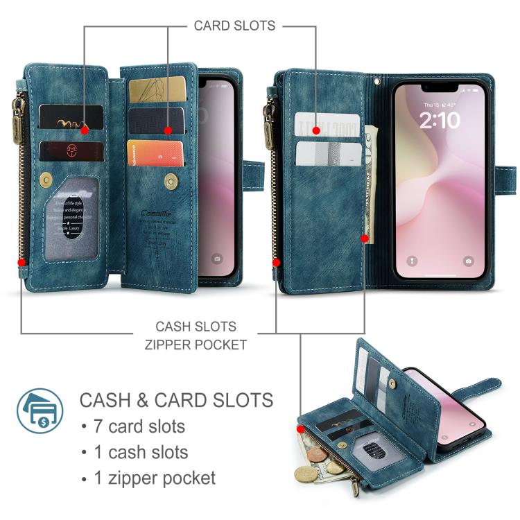 For iPhone 16e CaseMe C30 Card Slots Zipper Wallet Leather Phone Case(Blue) by CaseMe