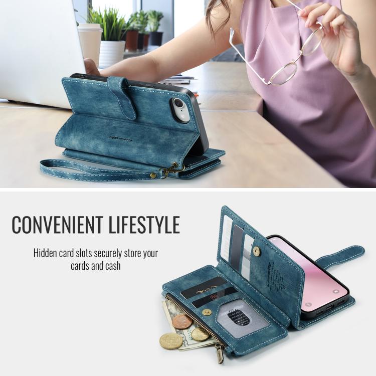 For iPhone 16e CaseMe C30 Card Slots Zipper Wallet Leather Phone Case(Blue) by CaseMe