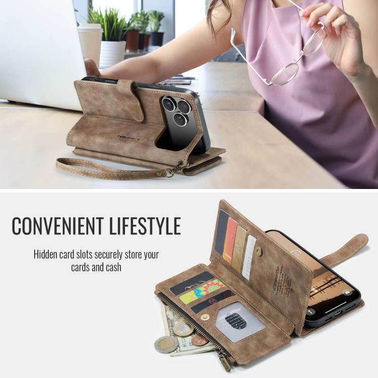 For iPhone 17 Pro Max CaseMe C30 Card Slots Zipper Wallet Leather Phone Case(Brown) by CaseMe