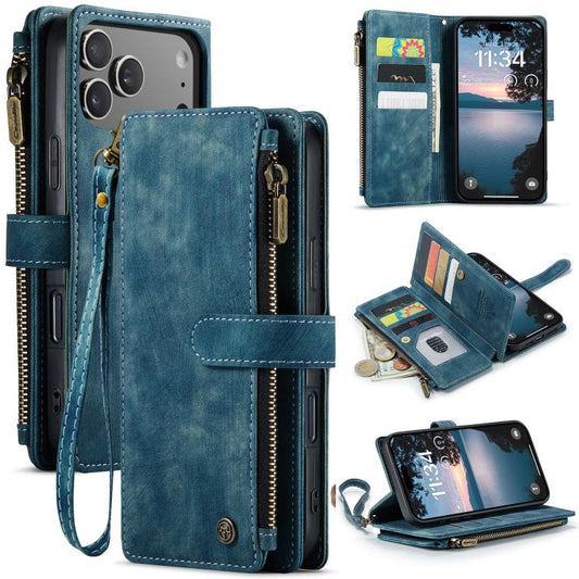 For iPhone 17 Pro Max CaseMe C30 Card Slots Zipper Wallet Leather Phone Case(Blue) by CaseMe
