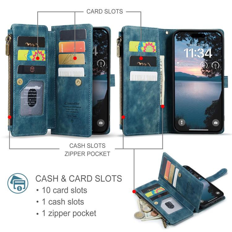 For iPhone 17 Pro Max CaseMe C30 Card Slots Zipper Wallet Leather Phone Case(Blue) by CaseMe
