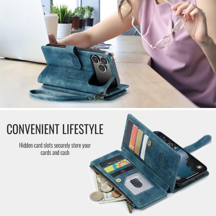 For iPhone 17 Pro Max CaseMe C30 Card Slots Zipper Wallet Leather Phone Case(Blue) by CaseMe