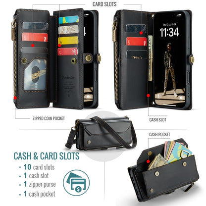 For iPhone 16 Pro Max CaseMe C36 Card Slots Zipper Wallet RFID Anti-theft Leather Phone Case(Black) by CaseMe
