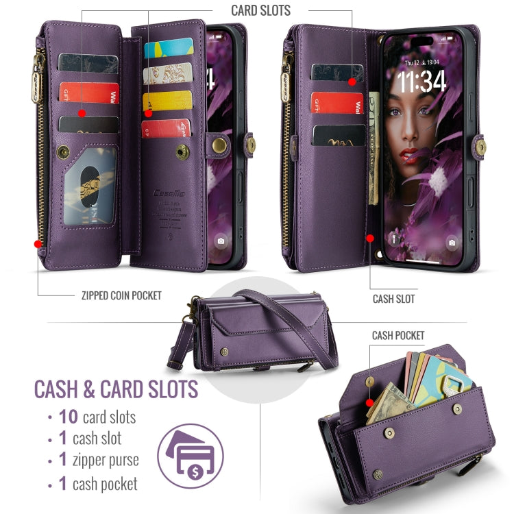 For iPhone 16 Plus CaseMe C36 Card Slots Zipper Wallet RFID Anti-theft Leather Phone Case(Purple) by CaseMe