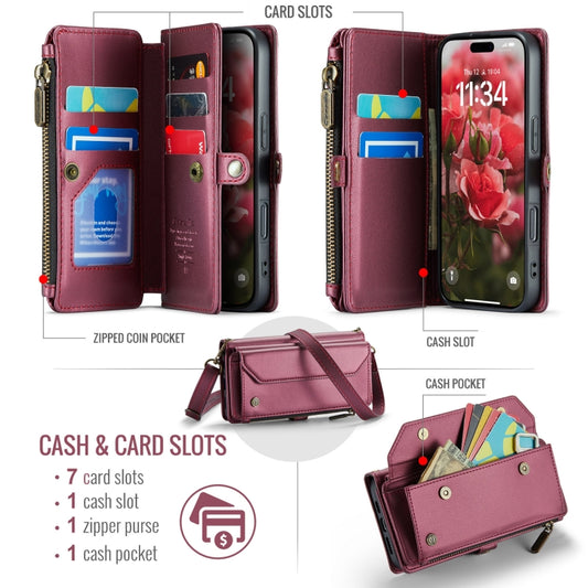 For iPhone 16 CaseMe C36 Card Slots Zipper Wallet RFID Anti-theft Leather Phone Case(Red) by CaseMe