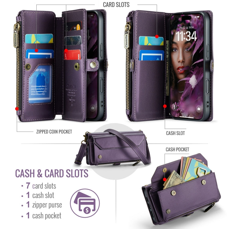 For iPhone 16 CaseMe C36 Card Slots Zipper Wallet RFID Anti-theft Leather Phone Case(Purple) by CaseMe
