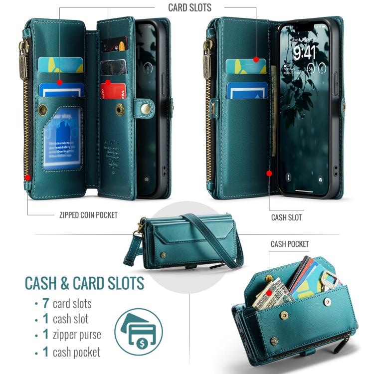For iPhone 16e CaseMe C36 Card Slots Zipper Wallet RFID Anti-theft Leather Phone Case(Blue) by CaseMe