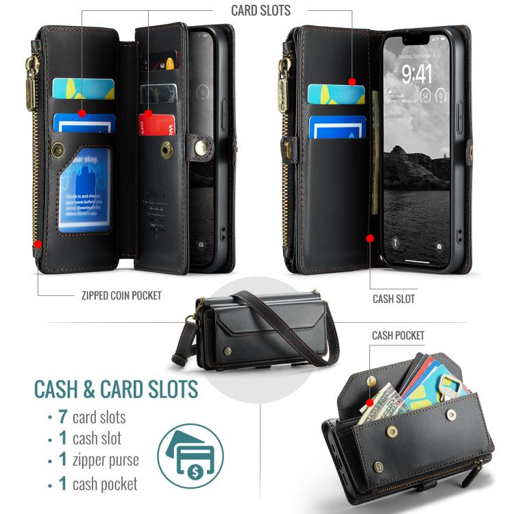 For iPhone 16e CaseMe C36 Card Slots Zipper Wallet RFID Anti-theft Leather Phone Case(Black) by CaseMe