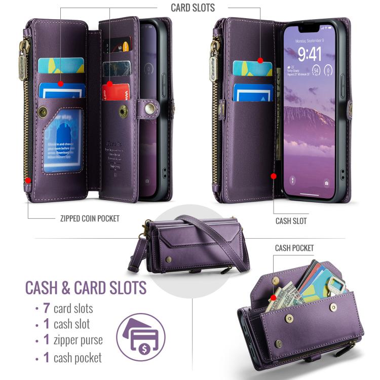 For iPhone 16e CaseMe C36 Card Slots Zipper Wallet RFID Anti-theft Leather Phone Case(Purple) by CaseMe