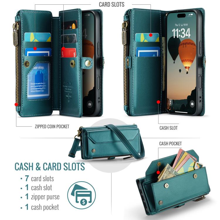 For iPhone 17 CaseMe C36 Card Slots Zipper Wallet RFID Anti-theft Leather Phone Case(Blue) by CaseMe