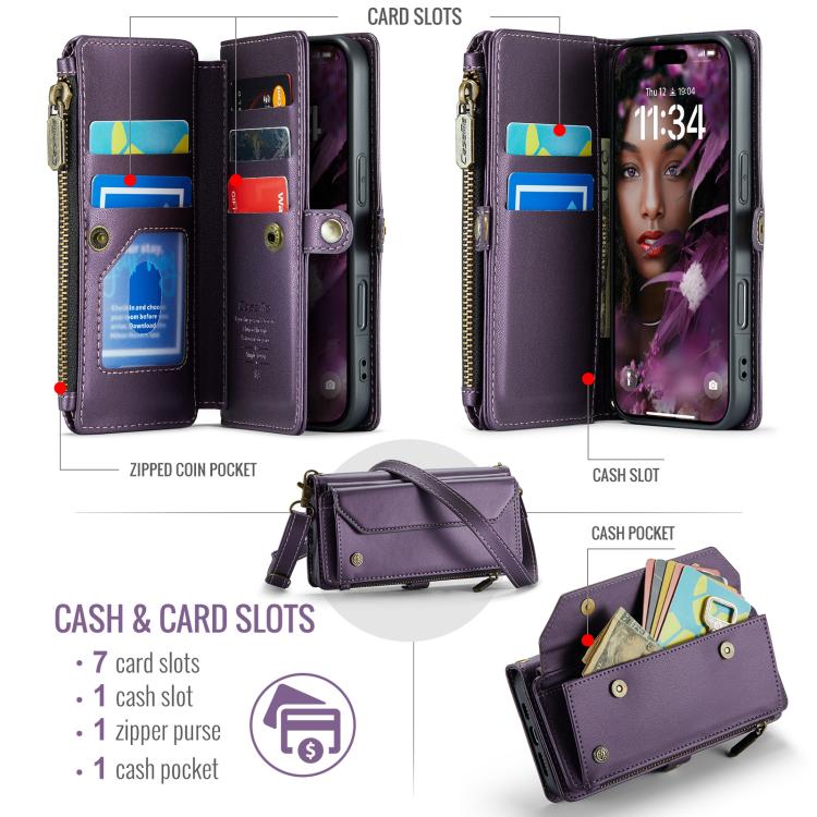 For iPhone 17 CaseMe C36 Card Slots Zipper Wallet RFID Anti-theft Leather Phone Case(Purple) by CaseMe