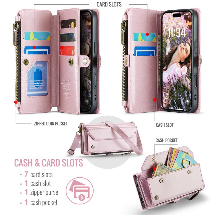 For iPhone 17 Pro CaseMe C36 Card Slots Zipper Wallet RFID Anti-theft Leather Phone Case(Pink) by CaseMe