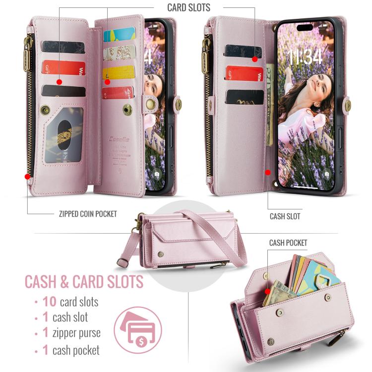 For iPhone 17 Pro Max CaseMe C36 Card Slots Zipper Wallet RFID Anti-theft Leather Phone Case(Pink) by CaseMe
