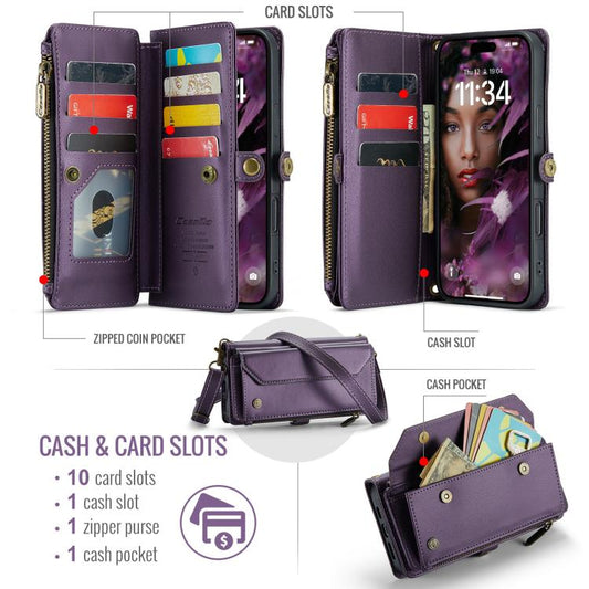 For iPhone 17 Pro Max CaseMe C36 Card Slots Zipper Wallet RFID Anti-theft Leather Phone Case(Purple) by CaseMe