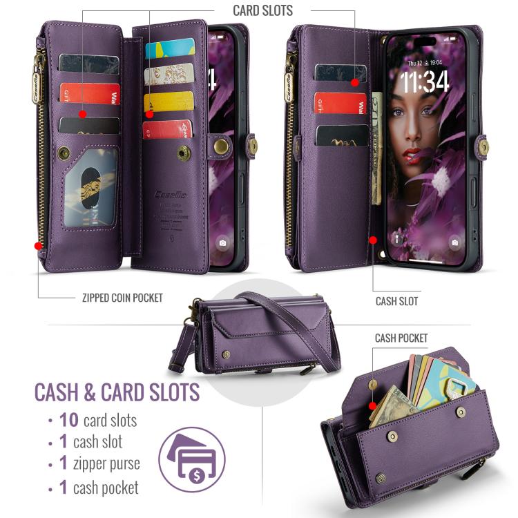 For iPhone 17 Pro Max CaseMe C36 Card Slots Zipper Wallet RFID Anti-theft Leather Phone Case(Purple) by CaseMe