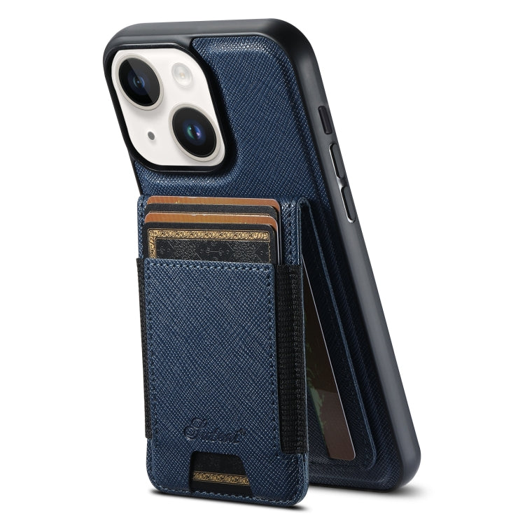 For iPhone 15 Suteni H17 Cross Grain Leather MagSafe Detachable Wallet Phone Case(Blue) by Suteni