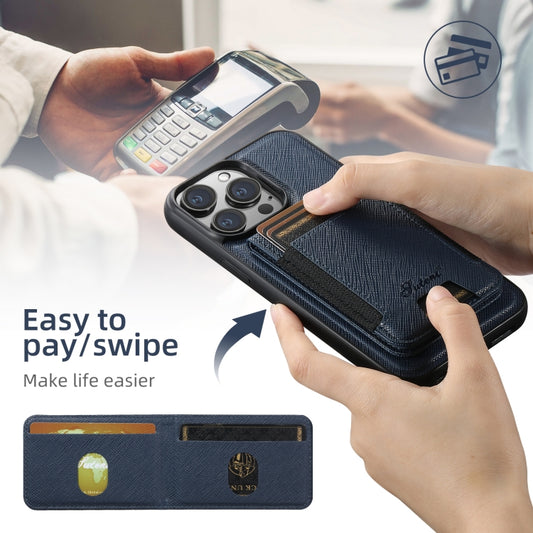 For iPhone 14 Pro Max Suteni H17 Cross Grain Leather MagSafe Detachable Wallet Phone Case(Blue) by Suteni