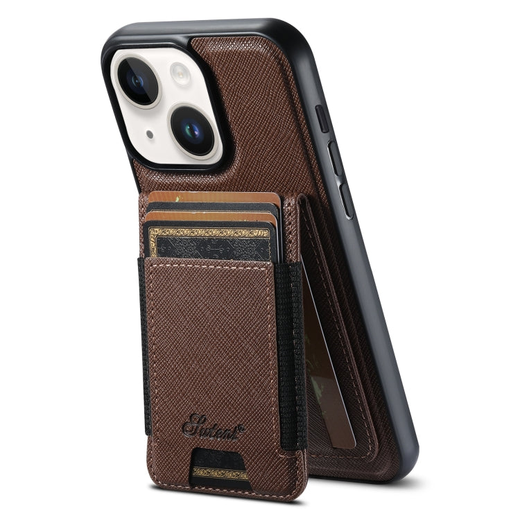 For iPhone 14 Suteni H17 Cross Grain Leather MagSafe Detachable Wallet Phone Case(Brown) by Suteni