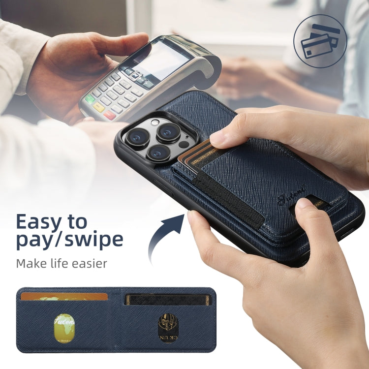 For iPhone 14 Suteni H17 Cross Grain Leather MagSafe Detachable Wallet Phone Case(Blue) by Suteni