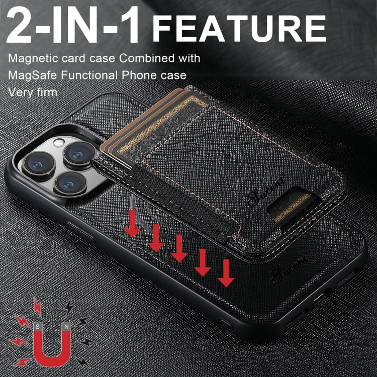 For iPhone 13 Pro Max Suteni H17 Cross Grain Leather MagSafe Detachable Wallet Phone Case(Black) by Suteni