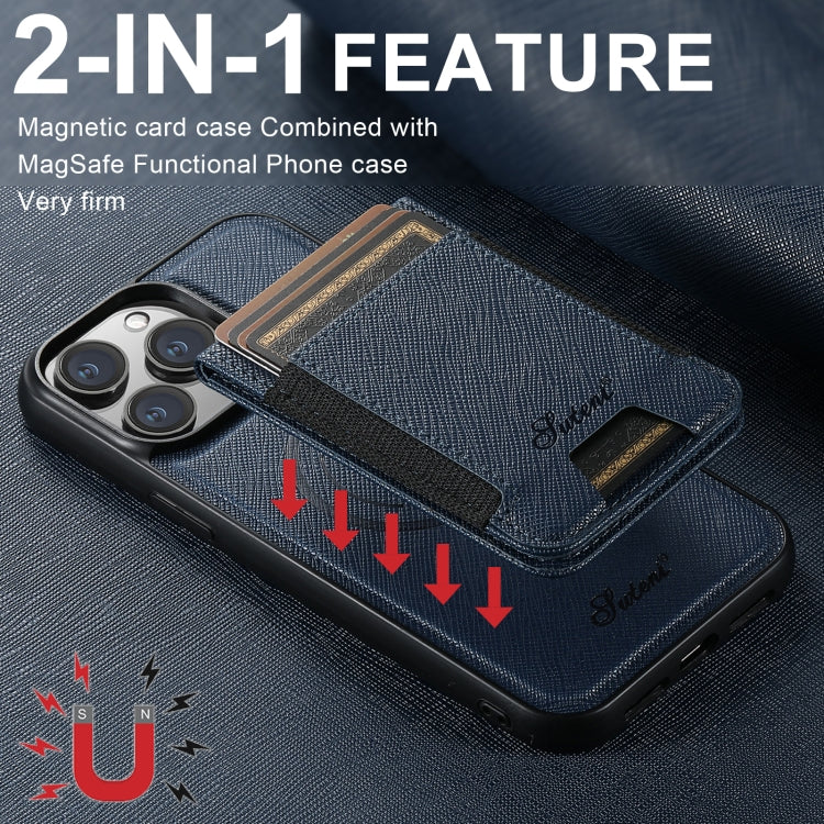 For iPhone 12 Pro Suteni H17 Cross Grain Leather MagSafe Detachable Wallet Phone Case(Blue) by Suteni