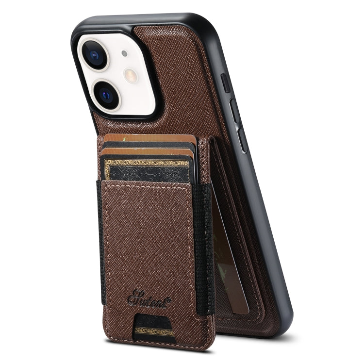 For iPhone 12 Suteni H17 Cross Grain Leather MagSafe Detachable Wallet Phone Case(Brown) by Suteni