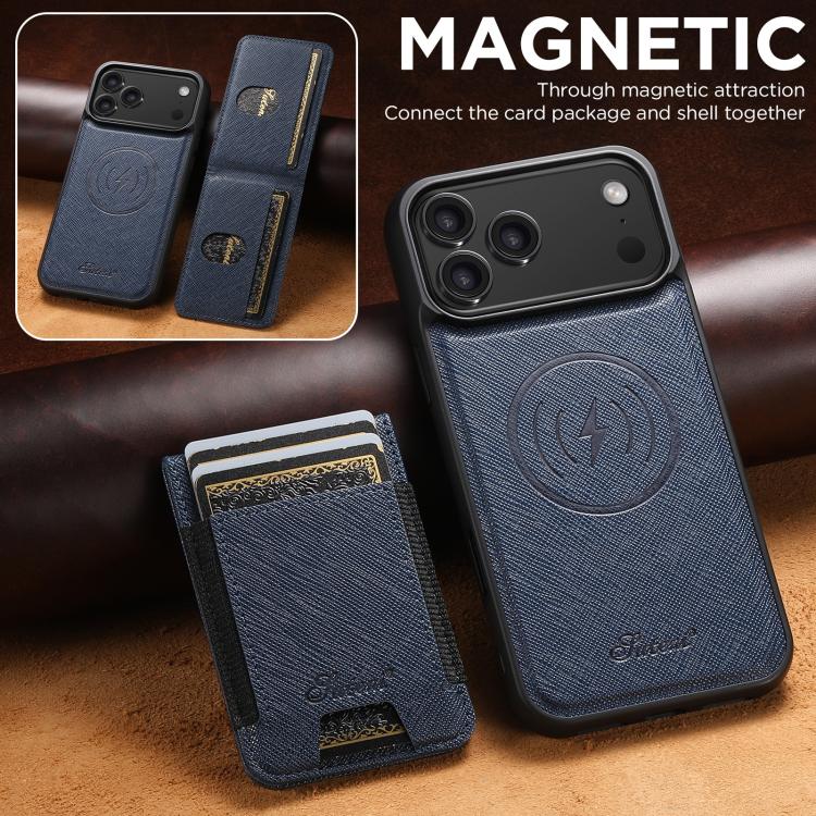 For iPhone 17 Pro Max Suteni H17 Cross Grain Leather MagSafe Detachable Wallet Phone Case(Blue) by Suteni