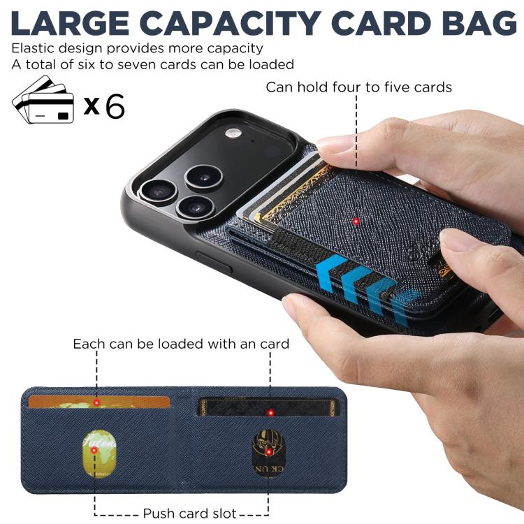 For iPhone 17 Pro Max Suteni H17 Cross Grain Leather MagSafe Detachable Wallet Phone Case(Blue) by Suteni