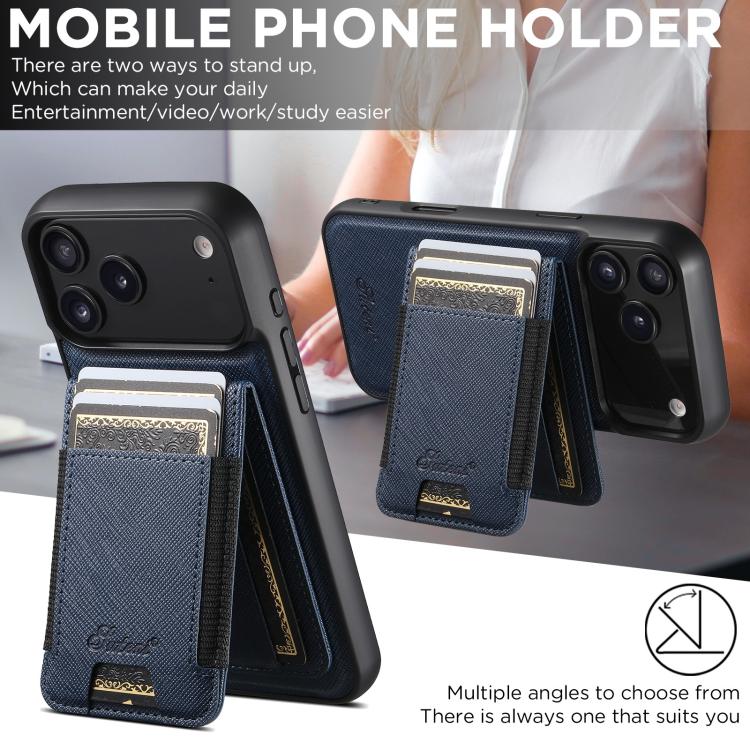 For iPhone 17 Pro Suteni H17 Cross Grain Leather MagSafe Detachable Wallet Phone Case(Blue) by Suteni