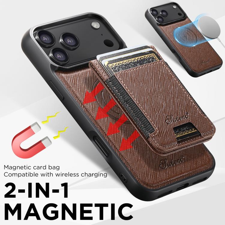 For iPhone 17 Suteni H17 Cross Grain Leather MagSafe Detachable Wallet Phone Case(Brown) by Suteni