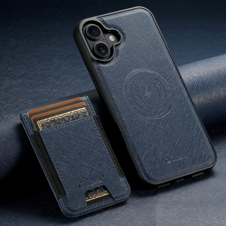 For iPhone 17 Suteni H17 Cross Grain Leather MagSafe Detachable Wallet Phone Case(Blue) by Suteni