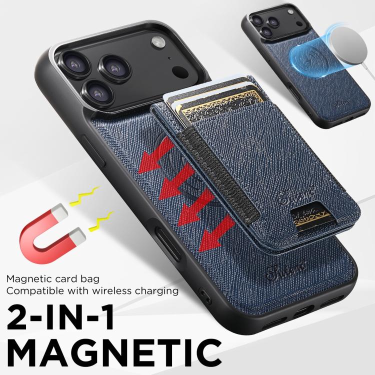 For iPhone 17 Suteni H17 Cross Grain Leather MagSafe Detachable Wallet Phone Case(Blue) by Suteni