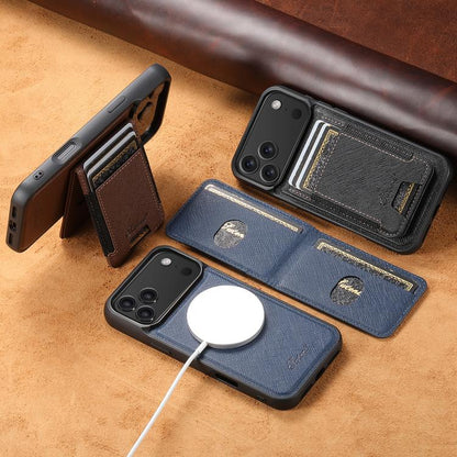 For iPhone 15 Plus Suteni H17 Cross Grain Leather MagSafe Detachable Wallet Phone Case(Blue) by Suteni