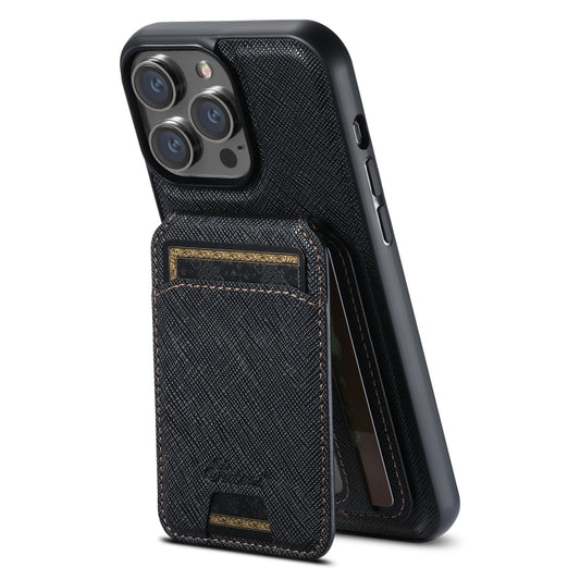 For iPhone 16 Pro Max Suteni H18 Cross Grain MagSafe Wallet Leather Phone Case(Black) by Suteni