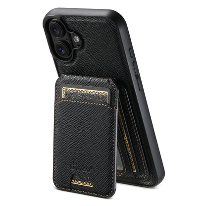 For iPhone 16 Plus Suteni H18 Cross Grain MagSafe Wallet Leather Phone Case(Black) by Suteni