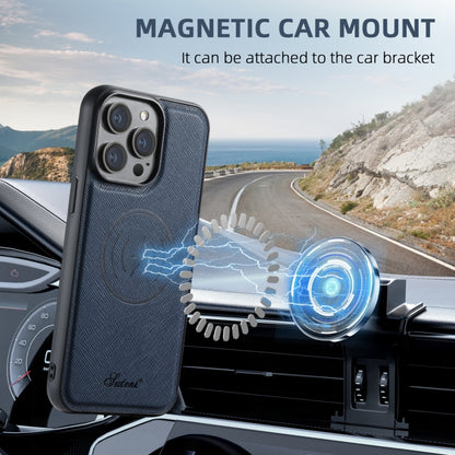 For iPhone 16 Plus Suteni H18 Cross Grain MagSafe Wallet Leather Phone Case(Blue) by Suteni