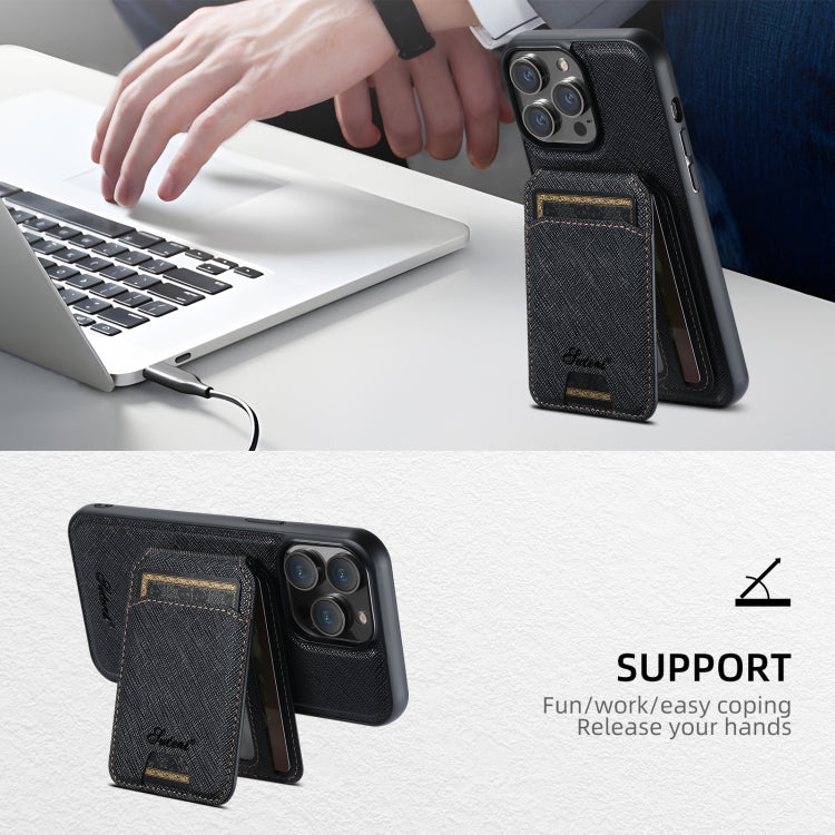 For iPhone 16 Pro Suteni H18 Cross Grain MagSafe Wallet Leather Phone Case(Black) by Suteni