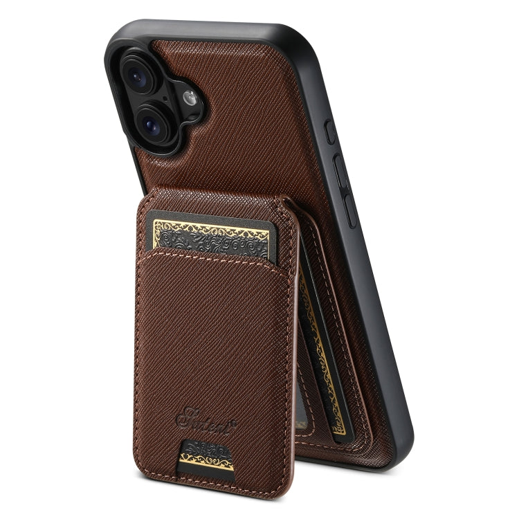 For iPhone 16 Suteni H18 Cross Grain MagSafe Wallet Leather Phone Case(Brown) by Suteni
