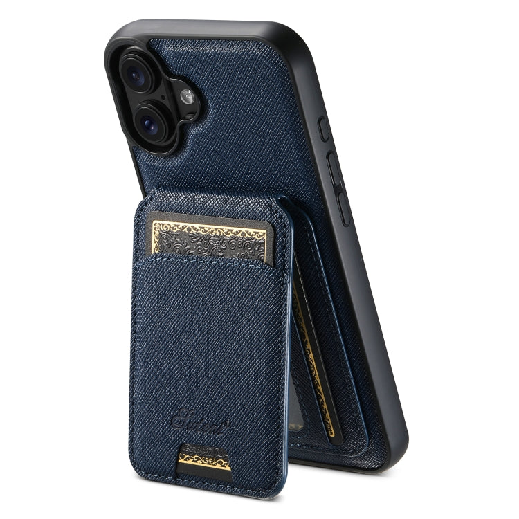 For iPhone 16 Suteni H18 Cross Grain MagSafe Wallet Leather Phone Case(Blue) by Suteni